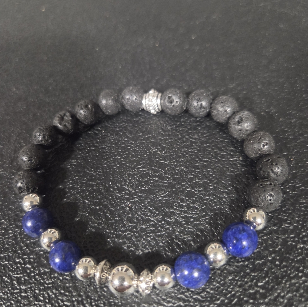 Handcrafted Men's Black Lava and Blue Lapis Lazuli Bead Stretch Bracelet